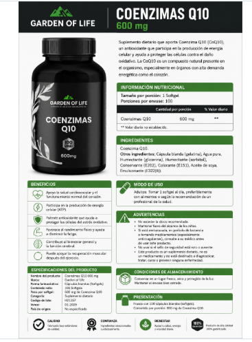 Coenzima Q10 600mg Garden Of Life | Energía, Corazón y Antioxidante